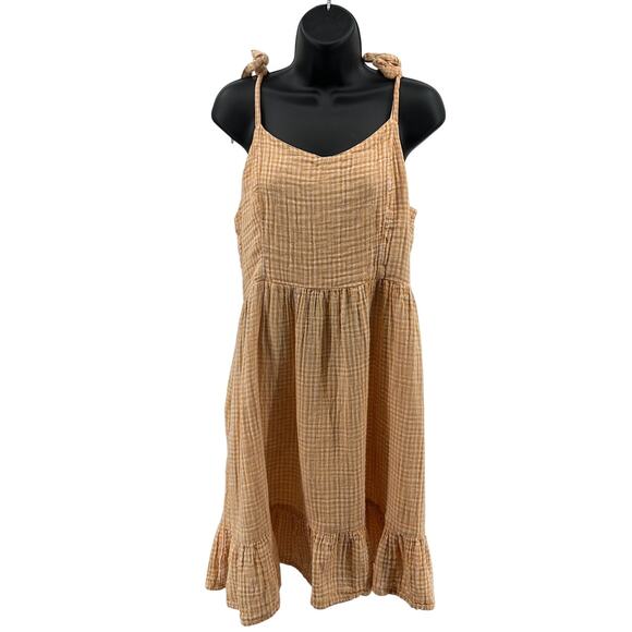 Old Navy Mini Cami Dress WMNS L Fit & Flare Tie-Shoulder Yellow Gingham Smocked - Picture 1 of 11
